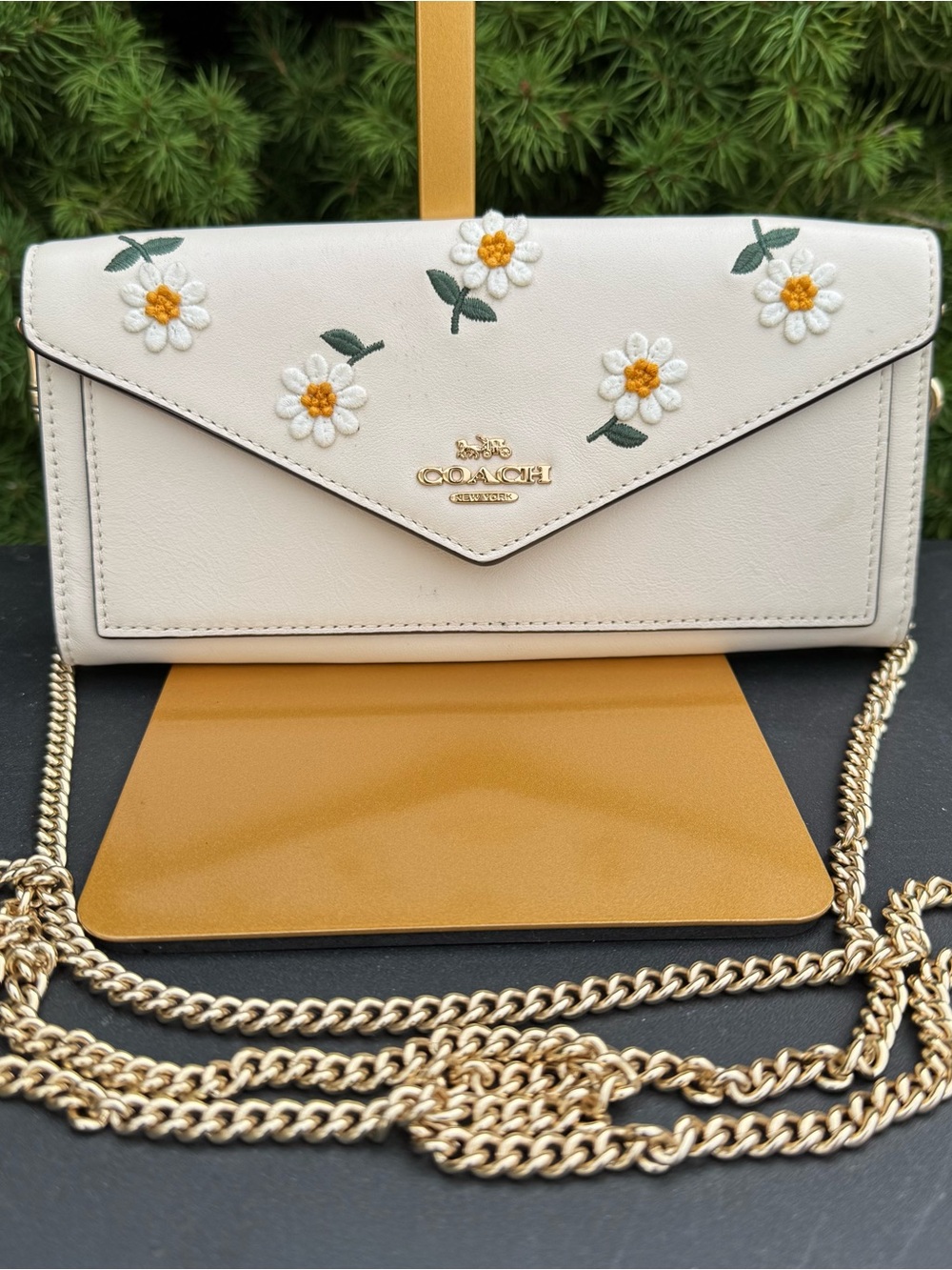 Coach Ivory Daisy Embroidered Leather Crossbody Wallet with Gold Chain